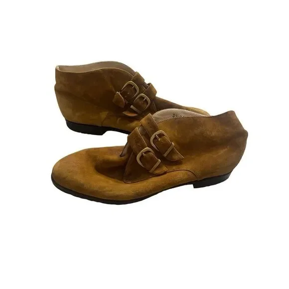 Ferragamo Womens Tan Double Buckle Suede Ankle Boots Size 6B